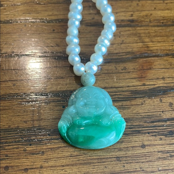 Jewelry - Green Jade Buddha Pendant Necklace on real pearls.